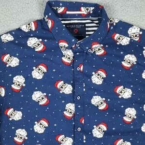 Denim & Flower Cool Santa All Over Print Happy Holidays Blue Button Up Shirt S
